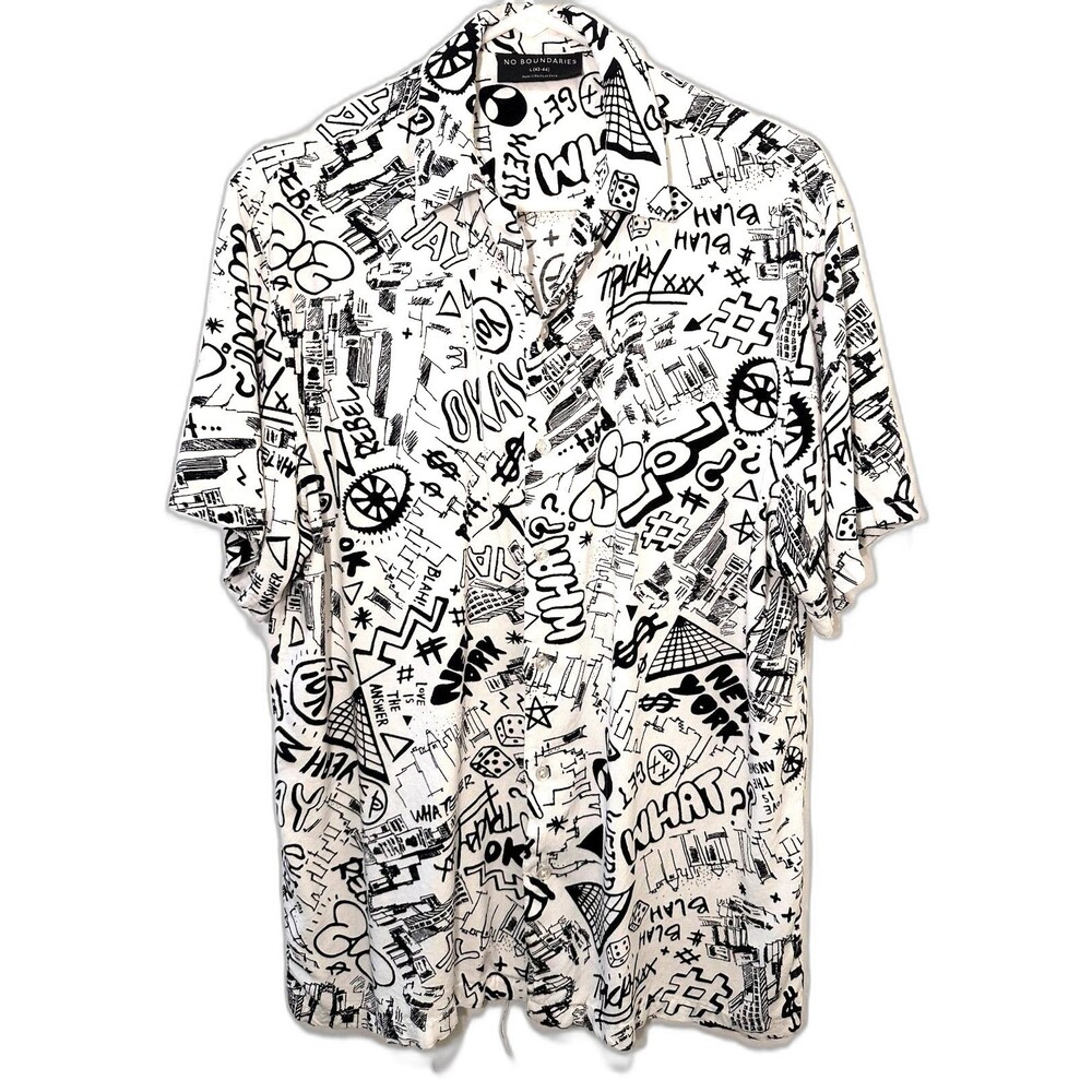 No Boundaries Short Sleeve Shirt Black White Large Oversized Graphic Graffiti